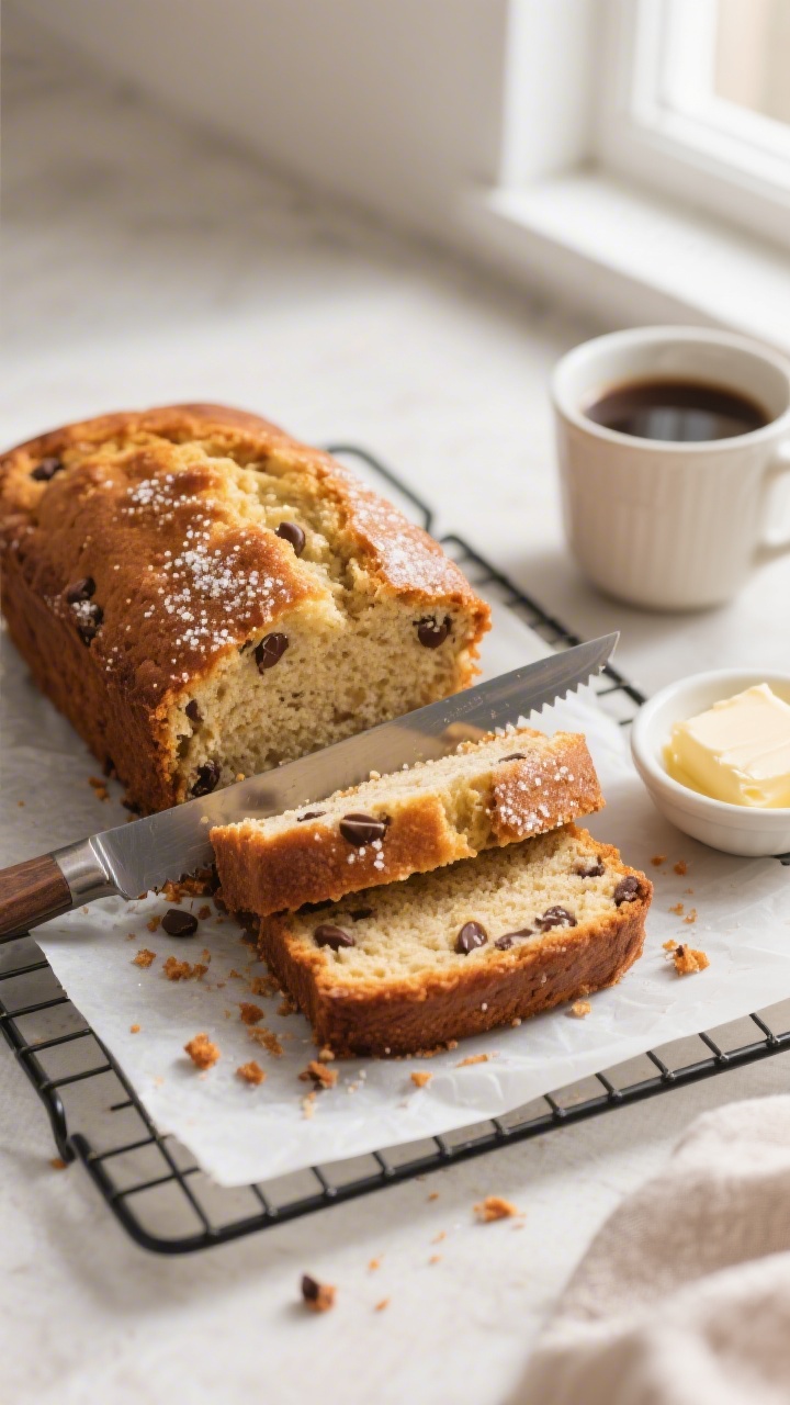 Overhead shot of a freshly baked banana bread loaf just out of the pan, sliced with a serrated knife