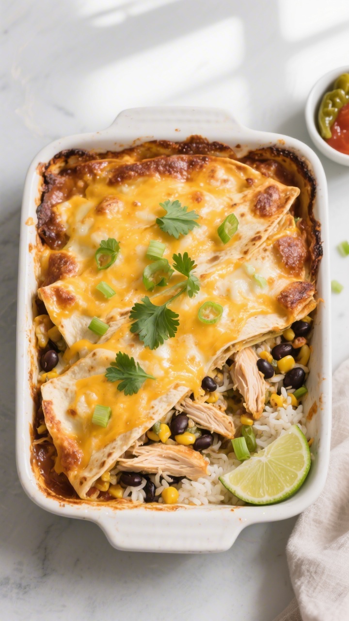 Overhead shot of a freshly baked chicken burrito casserole in a 9x13 dish just out of the oven, chee
