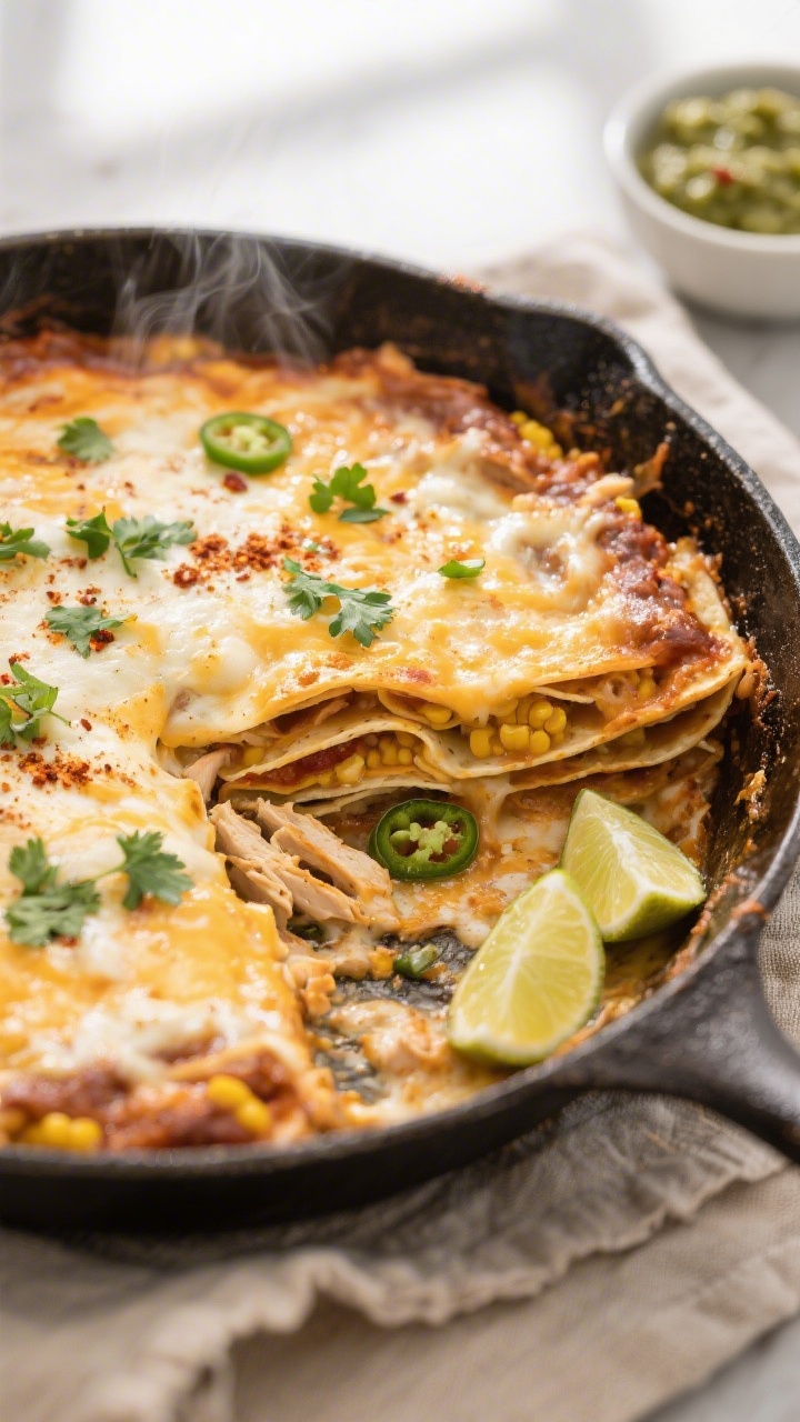 Overhead shot of a one-pan creamy chicken enchilada casserole just out of the oven in a 12-inch oven