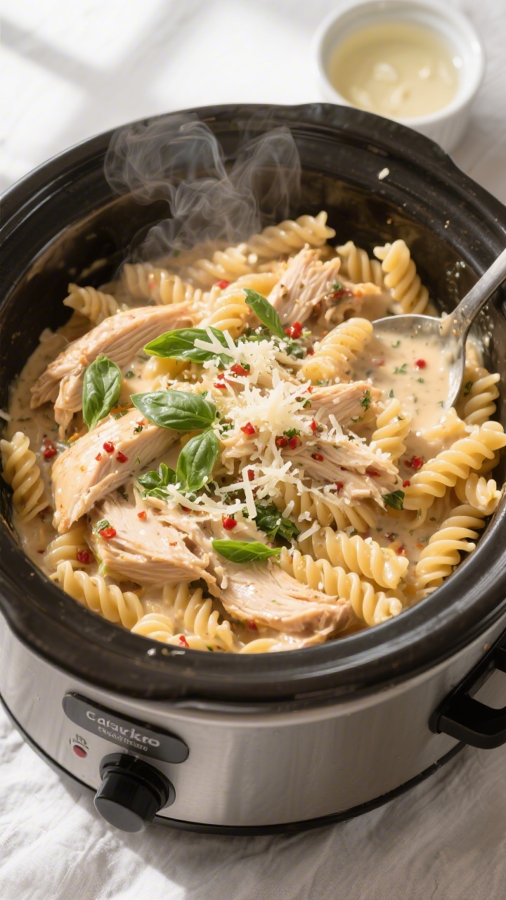 Overhead shot of Crockpot Italian Chicken Pasta just after combining: shredded slow-cooked chicken b