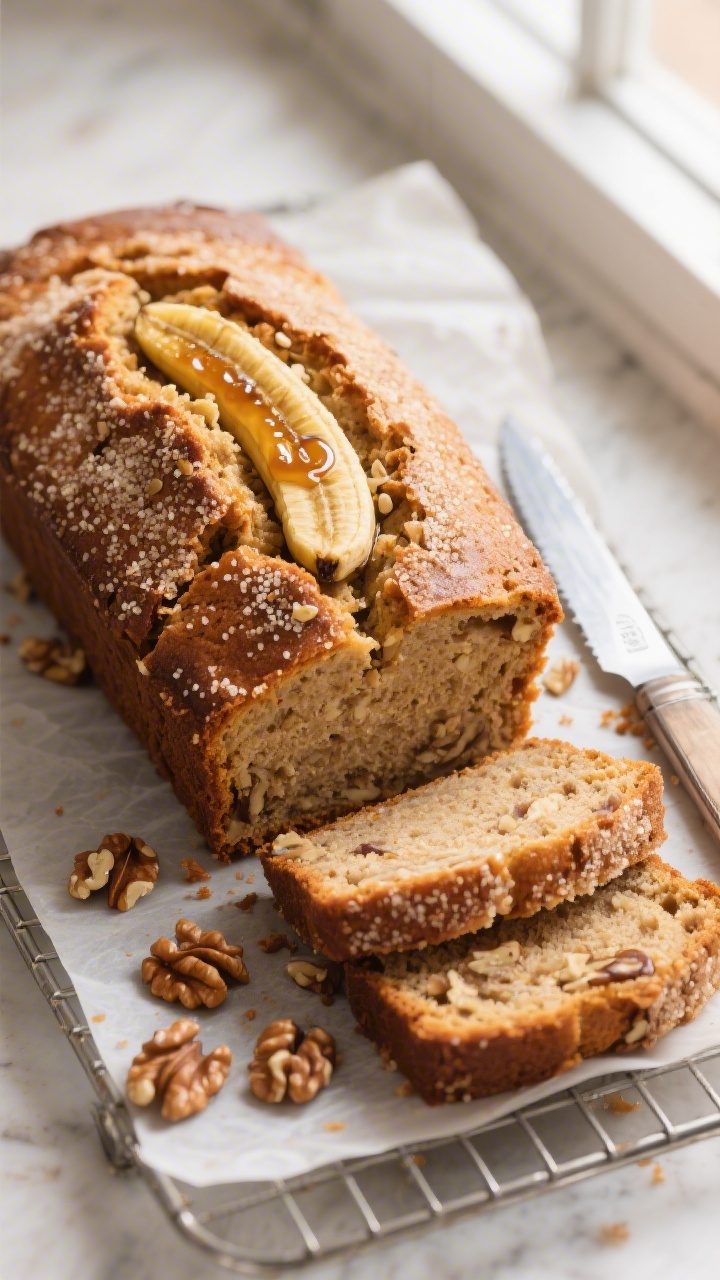 Overhead shot of freshly baked bakery-style banana bread loaf cooling on a wire rack, showcasing a t