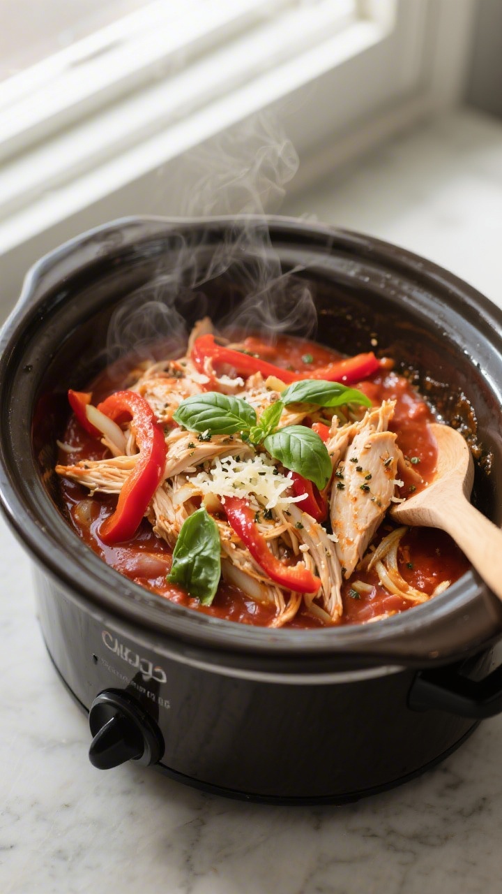 Overhead shot of shredded crockpot Italian chicken nestled in a rich, glossy marinara sauce inside a