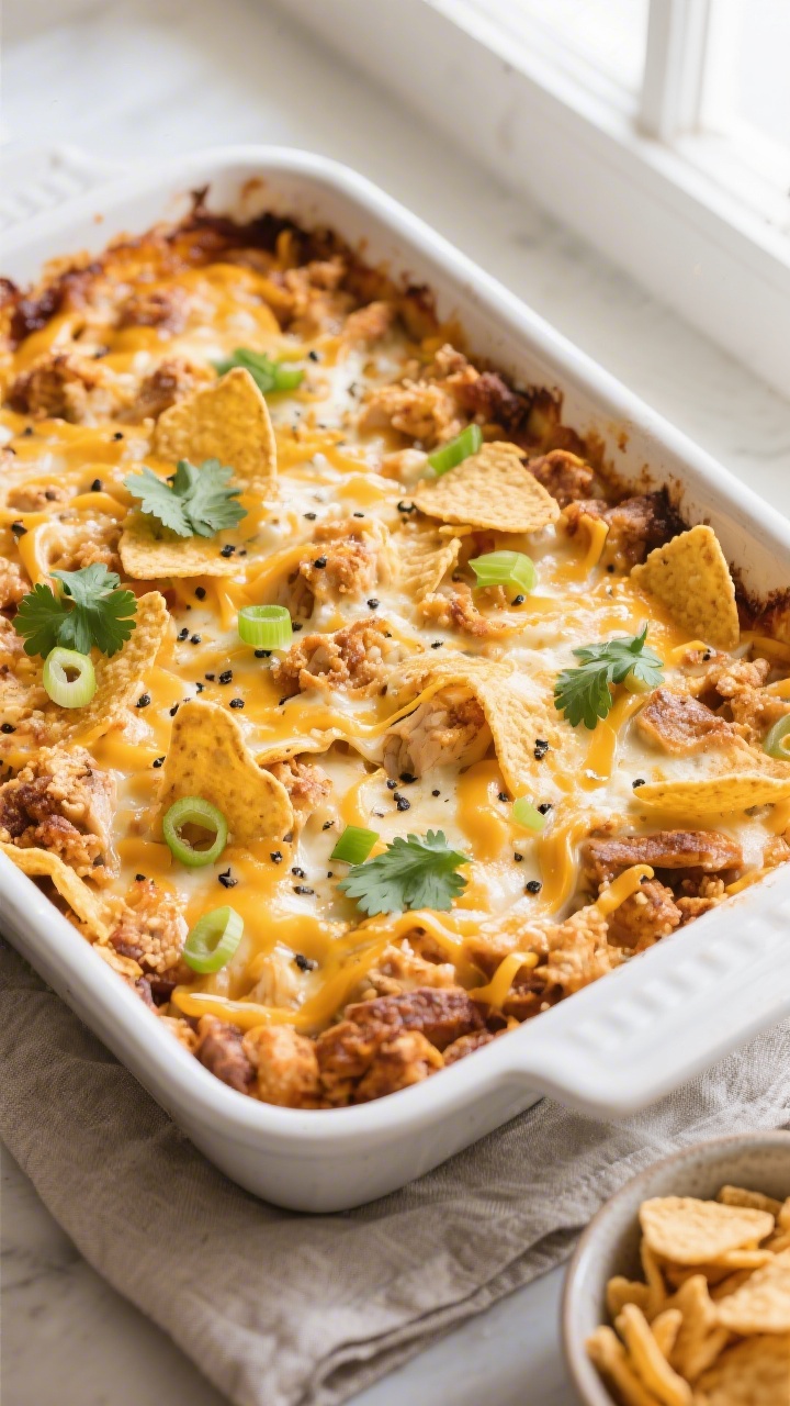 Overhead shot of the baked Cheesy Dorito Chicken Casserole just out of the oven in a 9x13 dish, edge