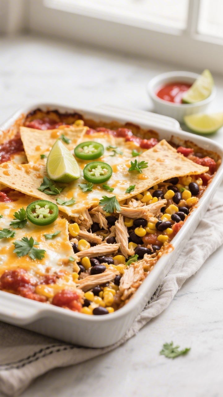 Overhead shot of the Fiesta Chicken Casserole just out of the oven in a 9x13 baking dish, cheese mel