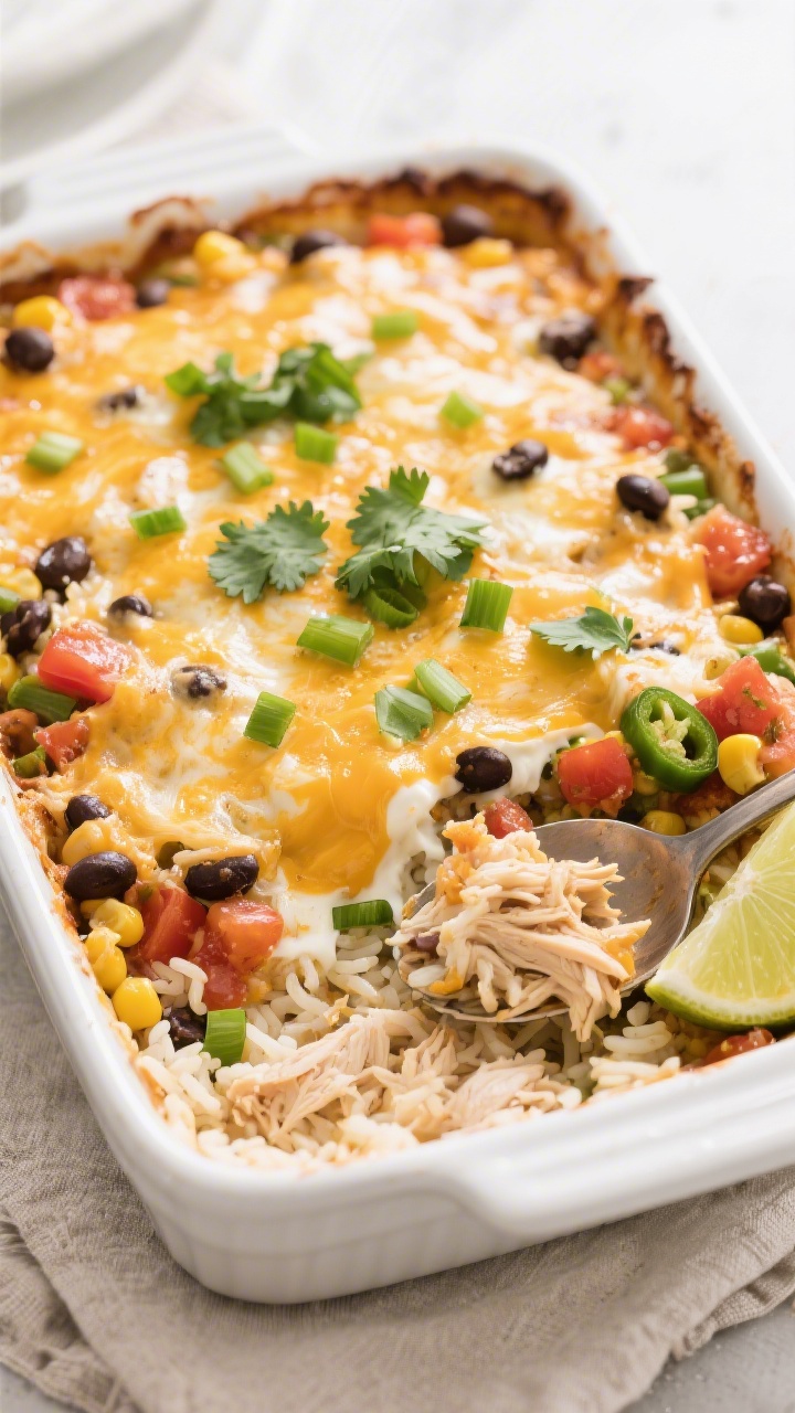 Overhead shot of the Southwest Chicken Casserole fresh from the oven, cheese perfectly melted and bu
