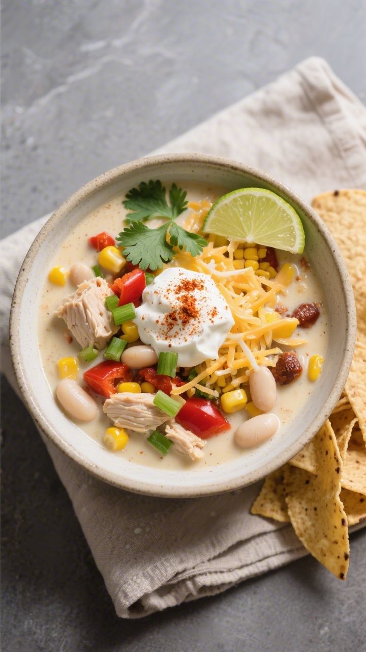 Overhead “tasty top view”: Top-down shot of a hearty bowl of chicken chili corn chowder with a v