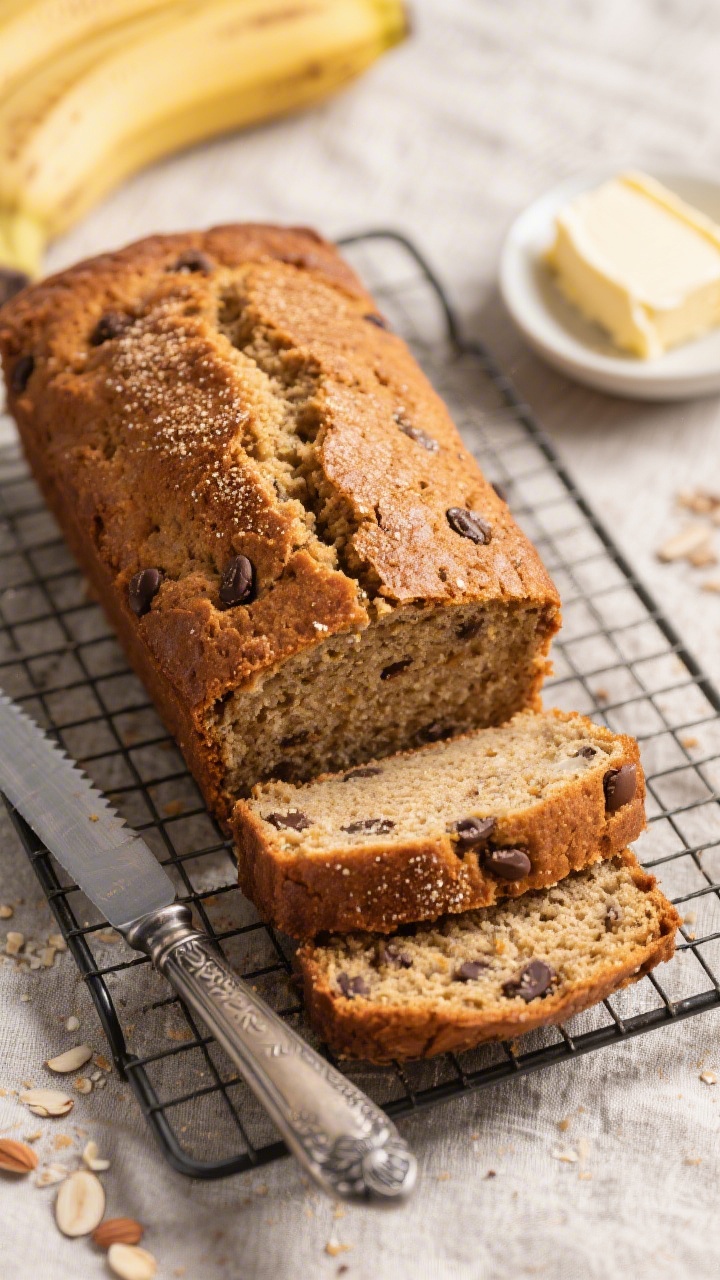 Tasty top view, final presentation: Overhead shot of a deep golden vegan, gluten-free banana bread l