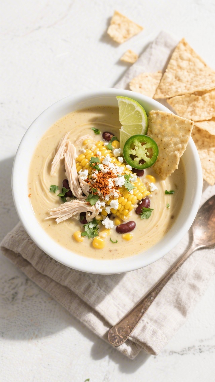 Tasty top-view overhead: Overhead shot of finished Mexican street corn white chicken chili soup in a
