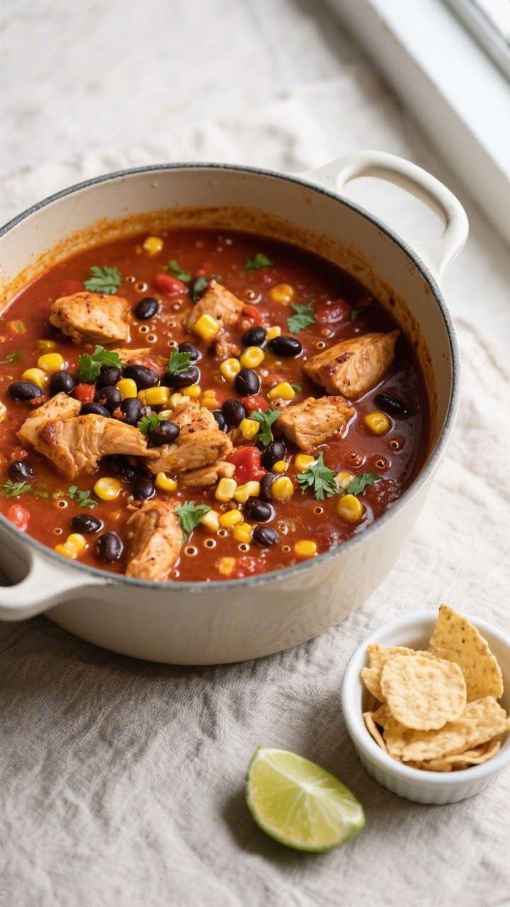 Tasty top view: Overhead shot of Spicy Mexican Corn Chicken Chili at a lively simmer—tender browne