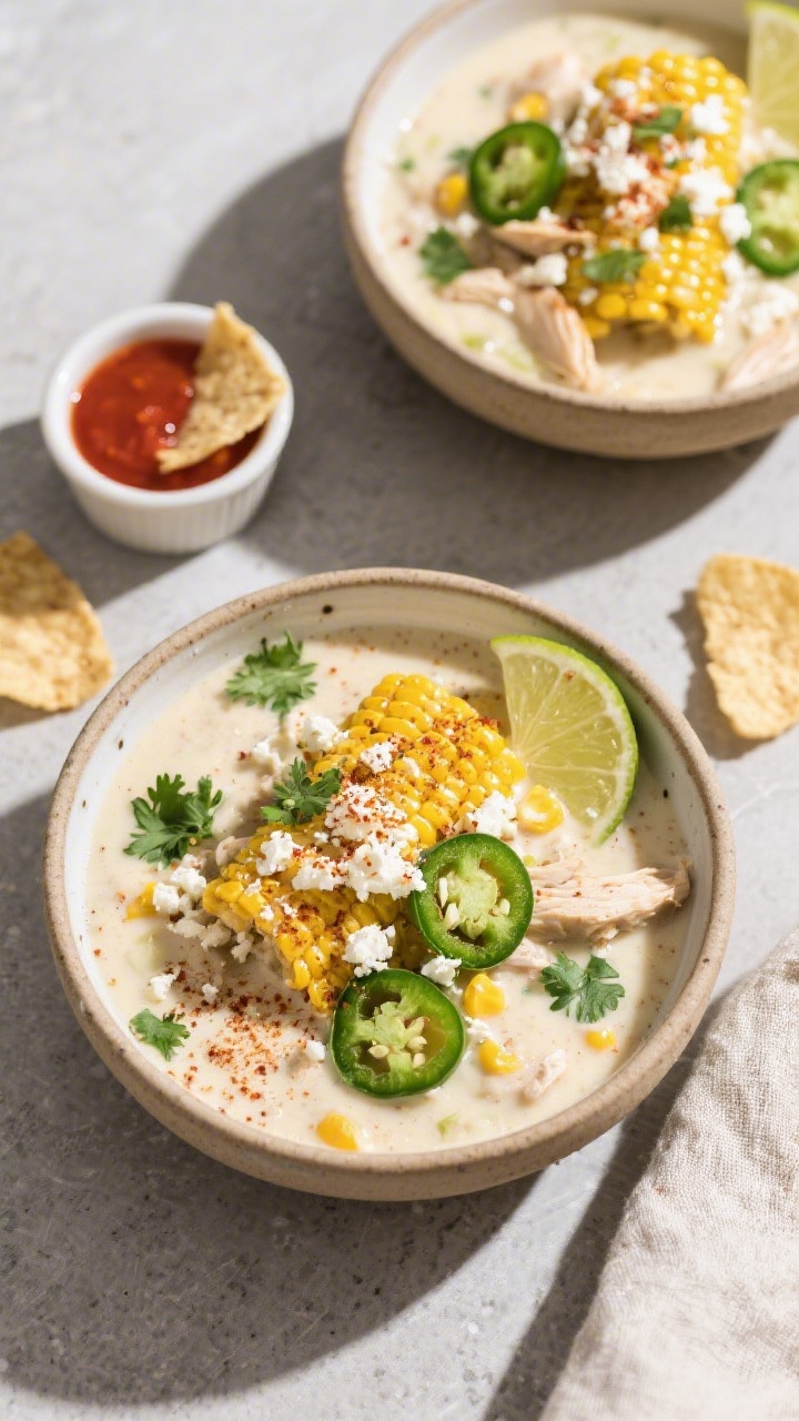 Tasty top view, street-corn finish: Overhead shot of Mexican Street Corn White Chicken Chili ladled
