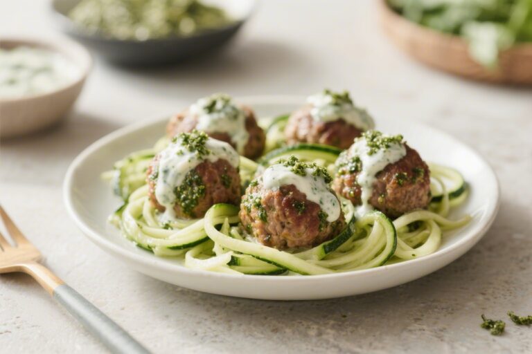 Creamy Pesto Zucchini Noodle Meatballs (Low Carb) – Comforting, Fresh, and Weeknight-Friendly