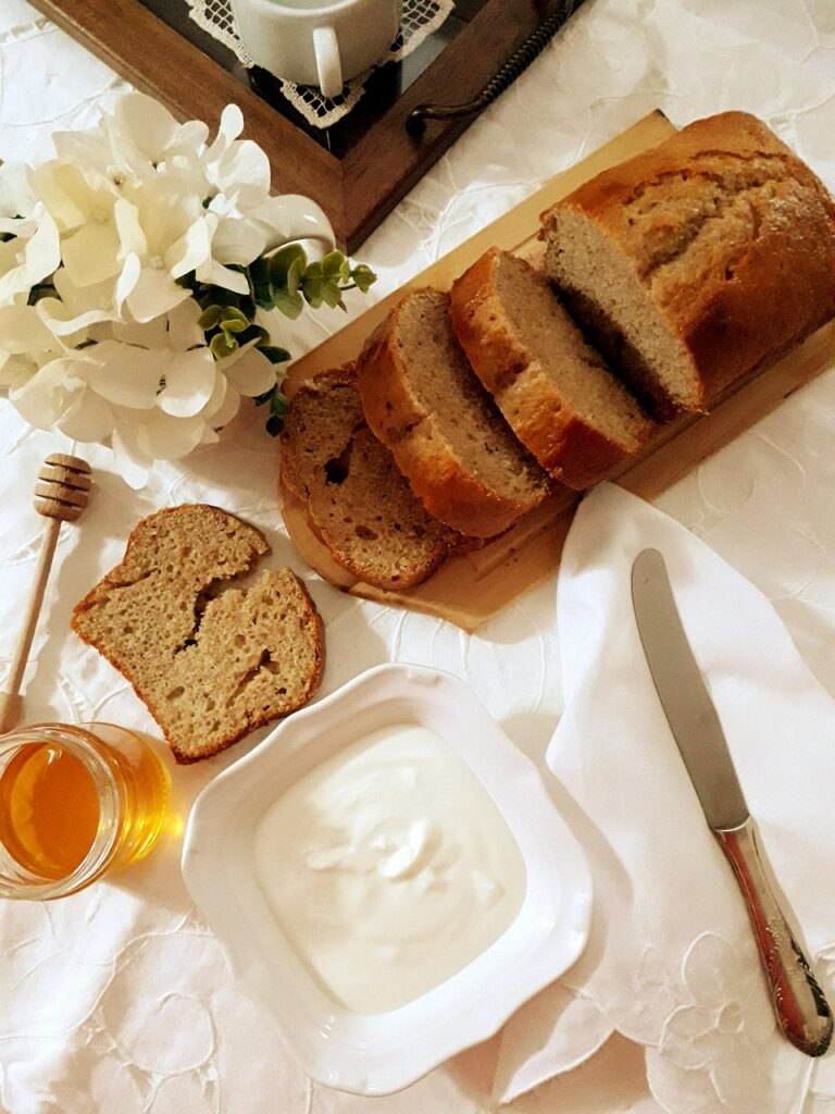 breakfast, plum cake, flat lay, honey, bread knife, spread, meal, bread, loaf, food