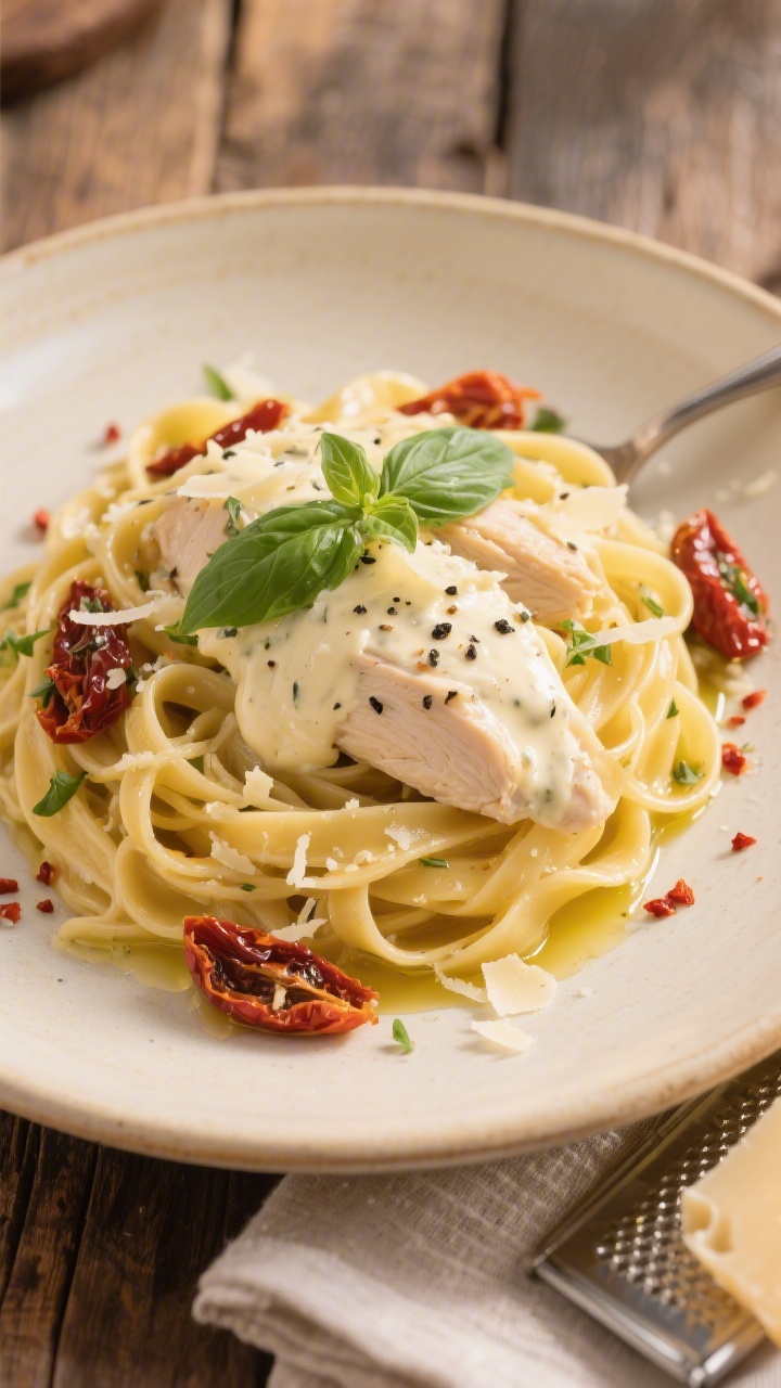 Beautifully plated final dish: fettuccine twirled into nests topped with generous spoonfuls of the I