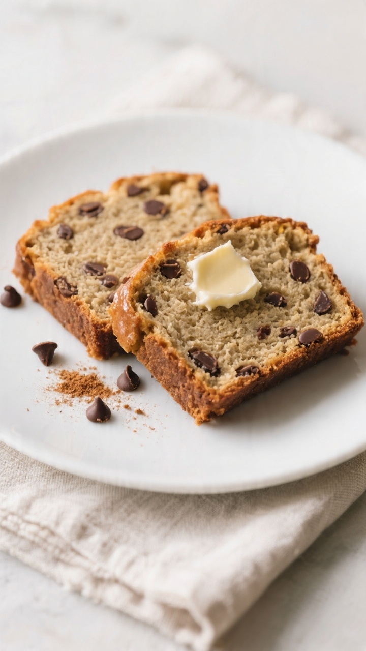 Close-up, 3/4 angle detail of two neat slices of gluten-free banana bread on a matte white plate, sh