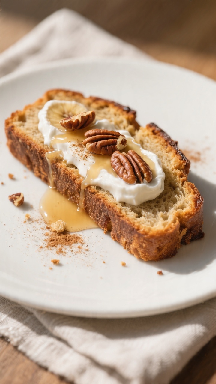 Close-up 3/4 angle of a plated slice of banana bread toasted and topped with a generous smear of coc