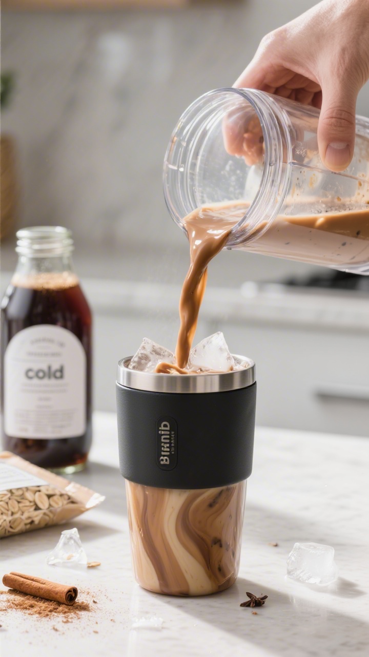 Close-up, action-focused process shot of the shake mid-blend being poured from a glass blender jar i