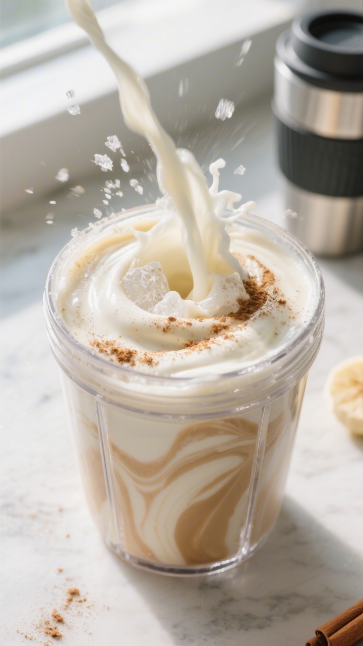 Close-up detail and process: A high-speed action shot of a creamy vanilla protein smoothie mid-blend