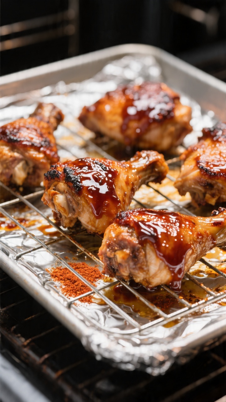 Close-up detail, cooking process: Oven-baked BBQ chicken thighs on a wire rack over a foil-lined she