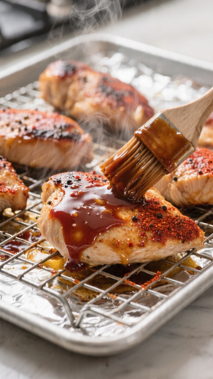 Close-up detail/cooking process: Oven-roasted BBQ chicken breasts mid-bake on a wire rack over a foi
