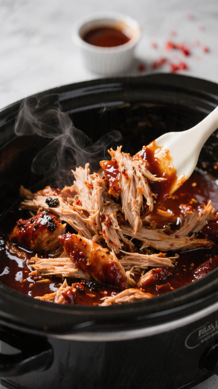 Close-up detail, cooking process: Shredded BBQ chicken being tossed back into a glossy, reducing sau
