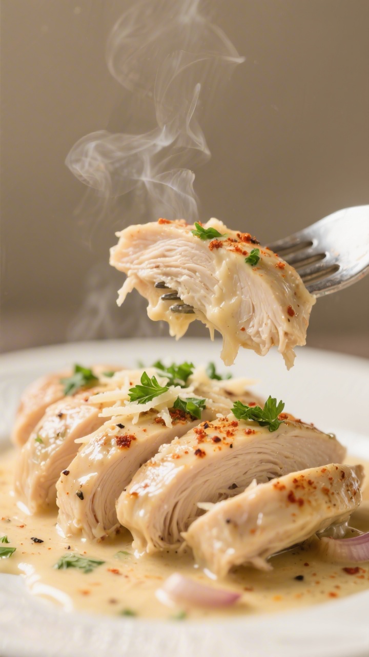 Close-up detail: Fork-tender slow cooker chicken breast just sliced and slightly shredded in a cream