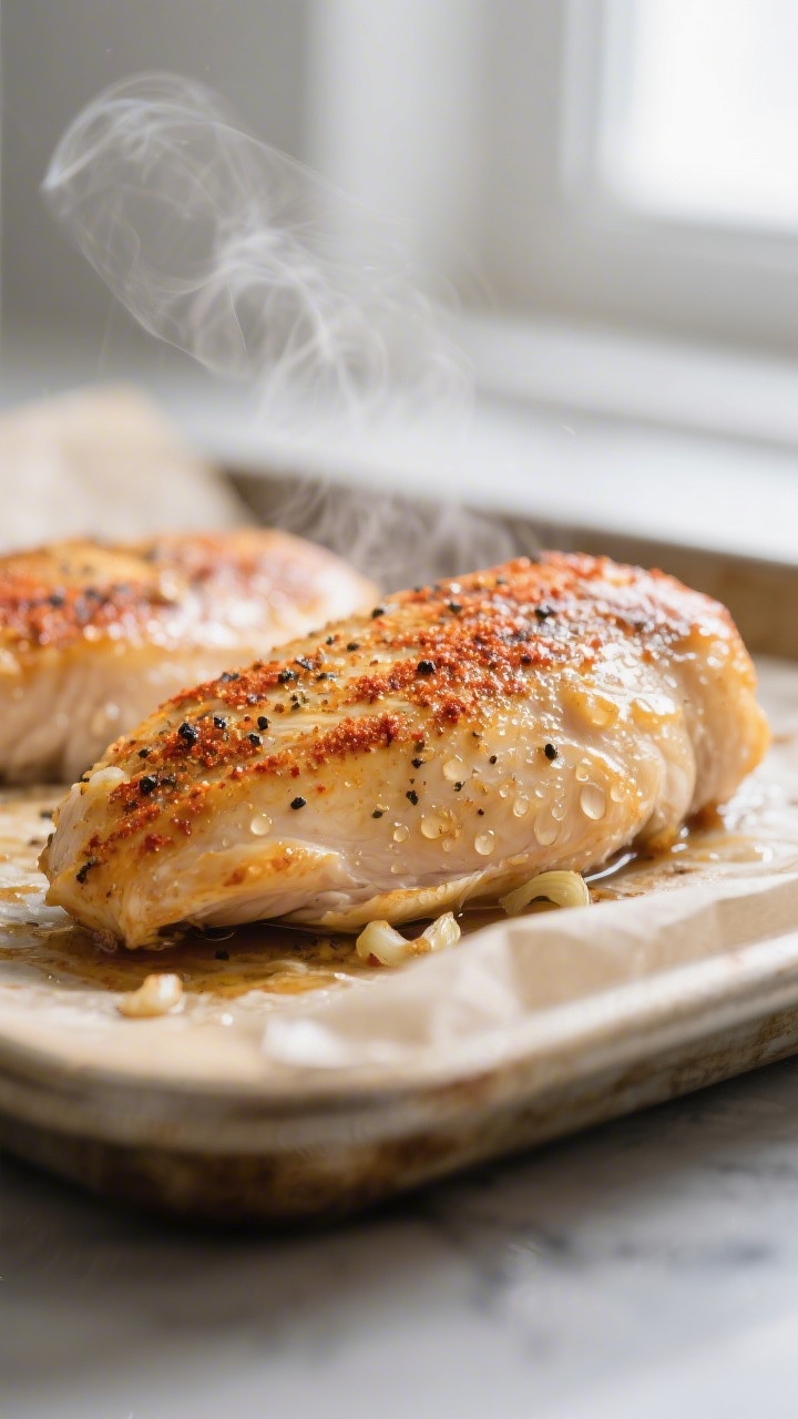 Close-up detail: Juicy baked chicken breast just out of the oven at 160–165°F, golden paprika-spe