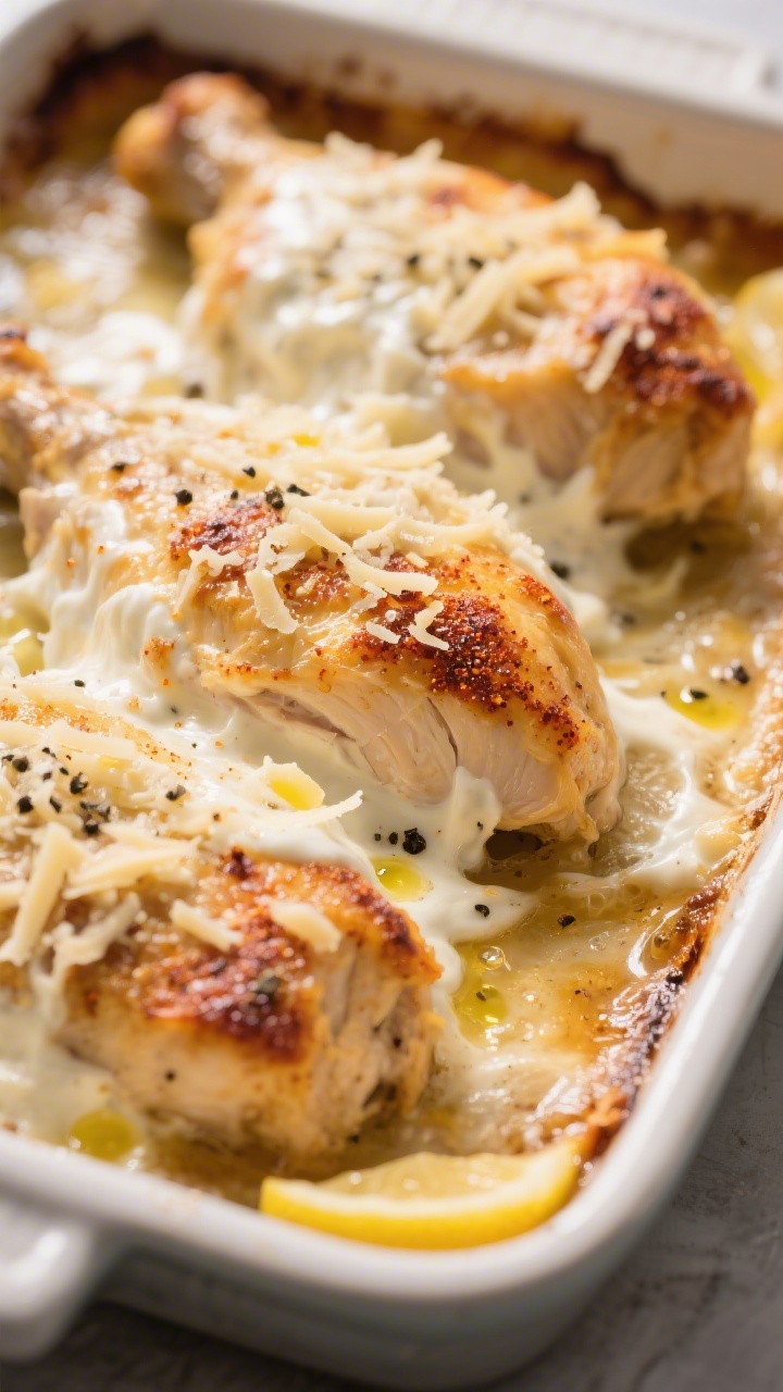 Close-up detail: Melt In The Mouth Chicken fresh from the oven, creamy yogurt-mayo-Parmesan topping 