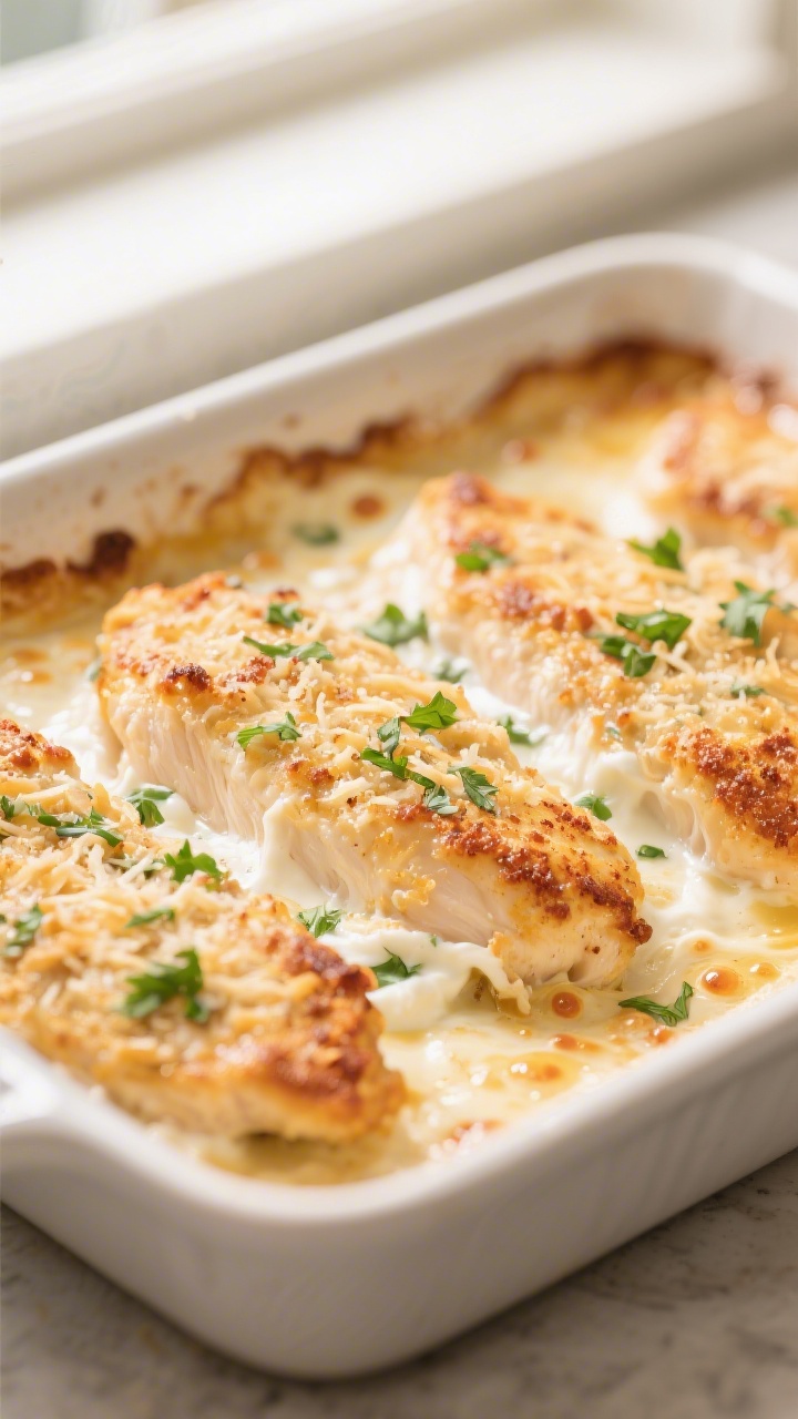 Close-up detail: Melt In Your Mouth Chicken just out of the oven, showing the set, lightly golden yo