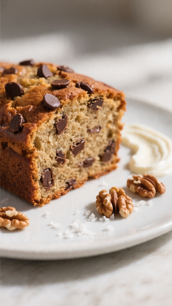 Close-up detail of a thick, warm slice of chocolate chip banana bread on a matte white plate, highli