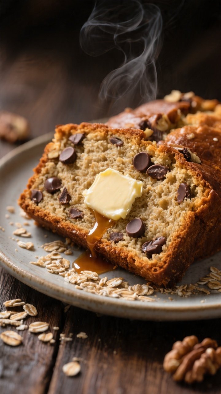 Close-up detail of a thick, warm slice of oatmeal chocolate chip banana bread on a small ceramic pla