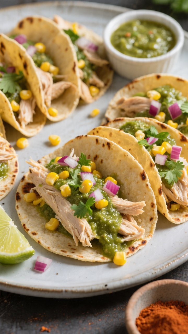 Close-up detail of salsa verde taco night using crockpot chicken, juicy shredded chicken piled on wa