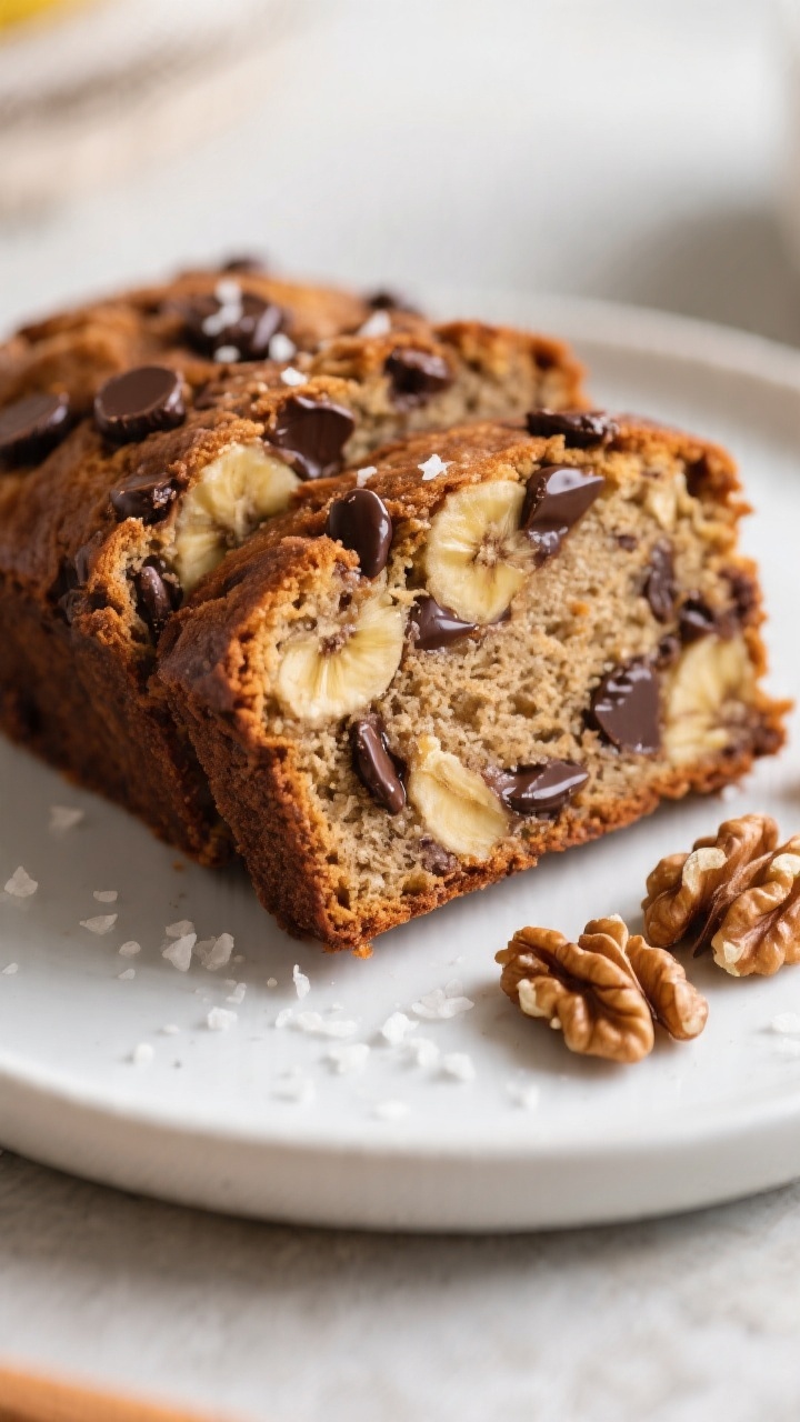 Close-up detail of warm slices of dairy-free chocolate chip banana bread on a matte white plate, ten