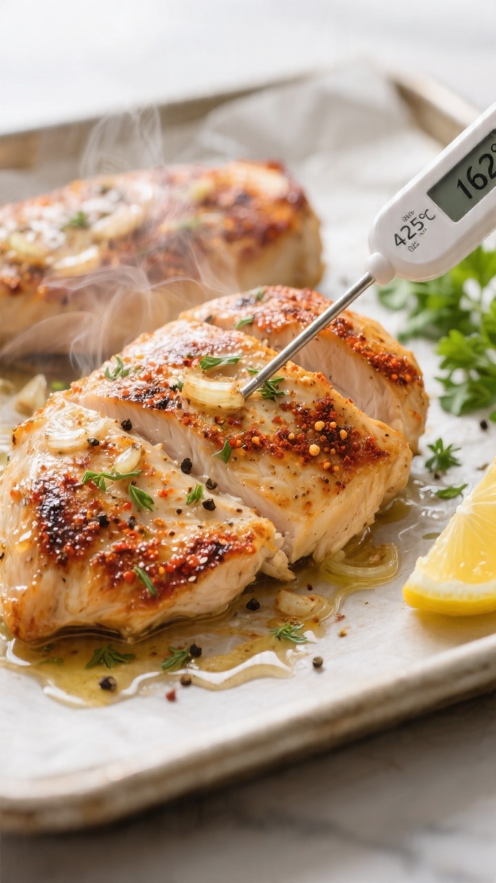 Close-up detail/process: Juicy baked boneless chicken breasts resting on a parchment-lined sheet pan