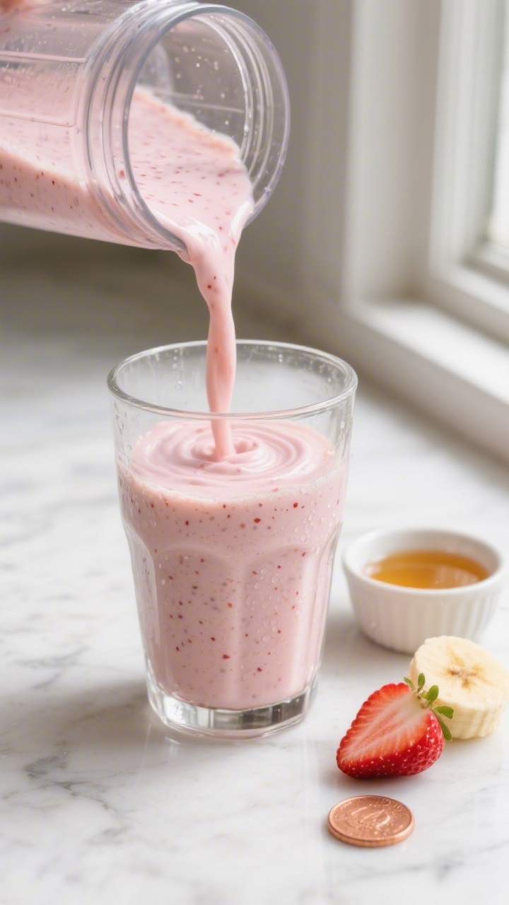 Close-up detail shot: A freshly blended creamy strawberry banana shake being poured from a glass ble