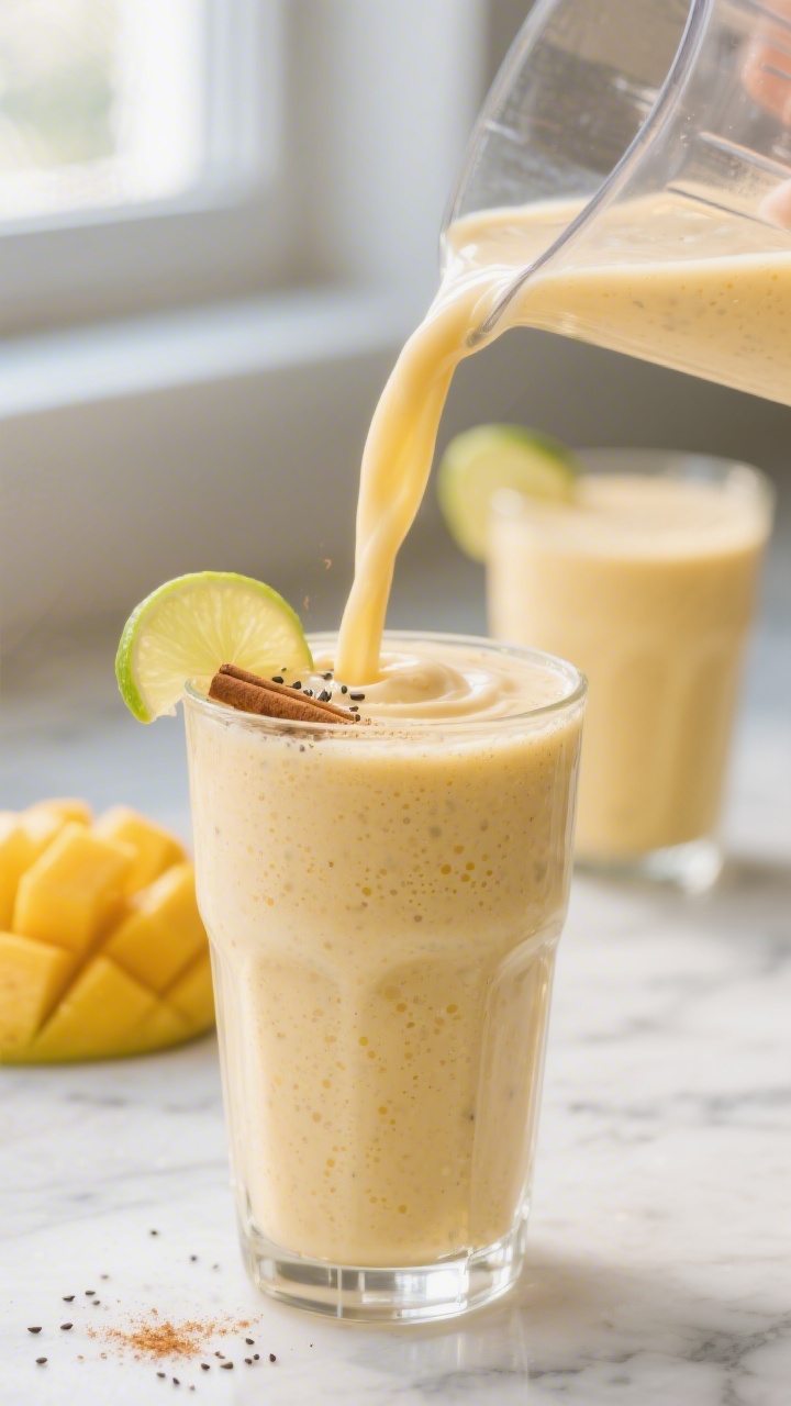 Close-up detail shot: A thick, creamy banana mango smoothie being poured in a silky ribbon from a bl