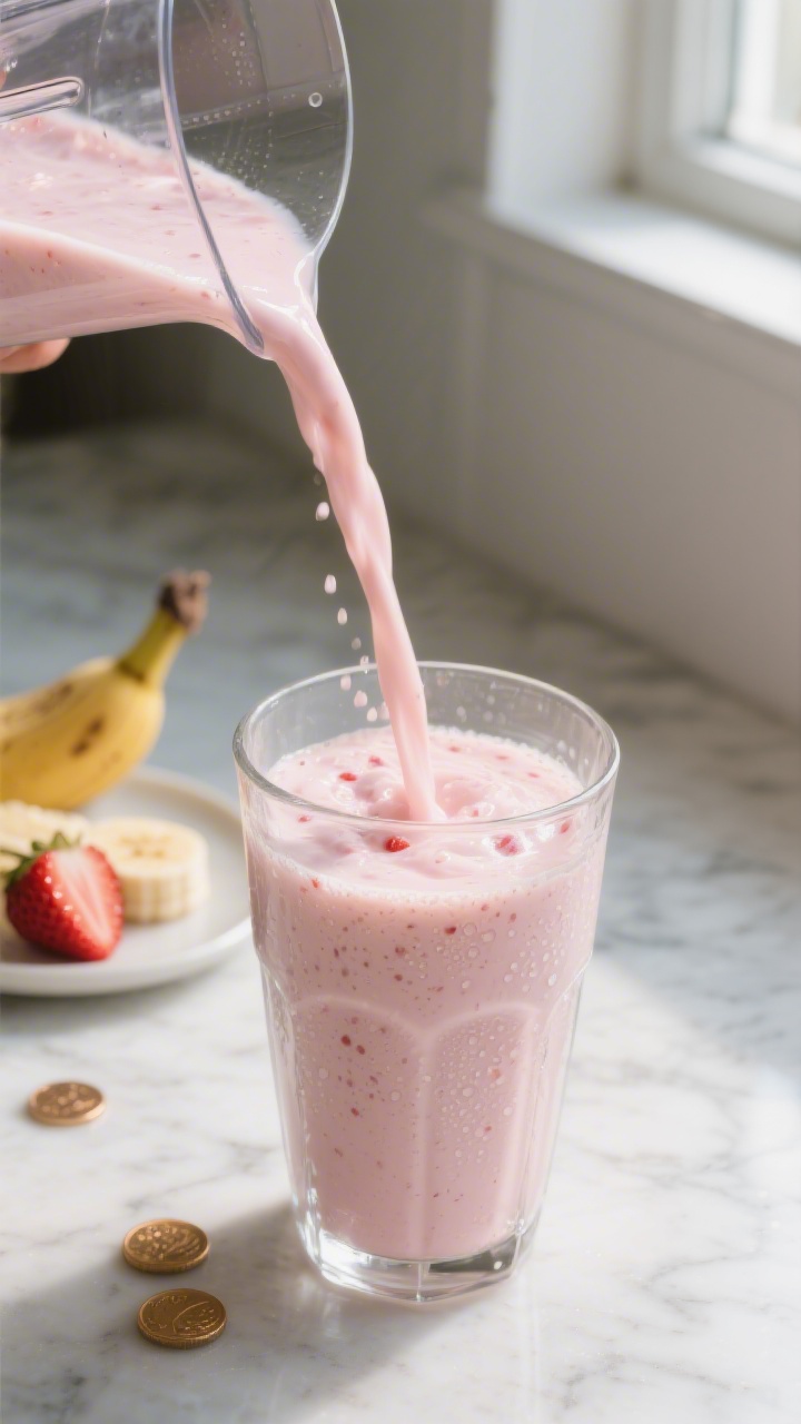 Close-up detail shot: A thick, creamy banana strawberry milkshake being poured from a blender into a