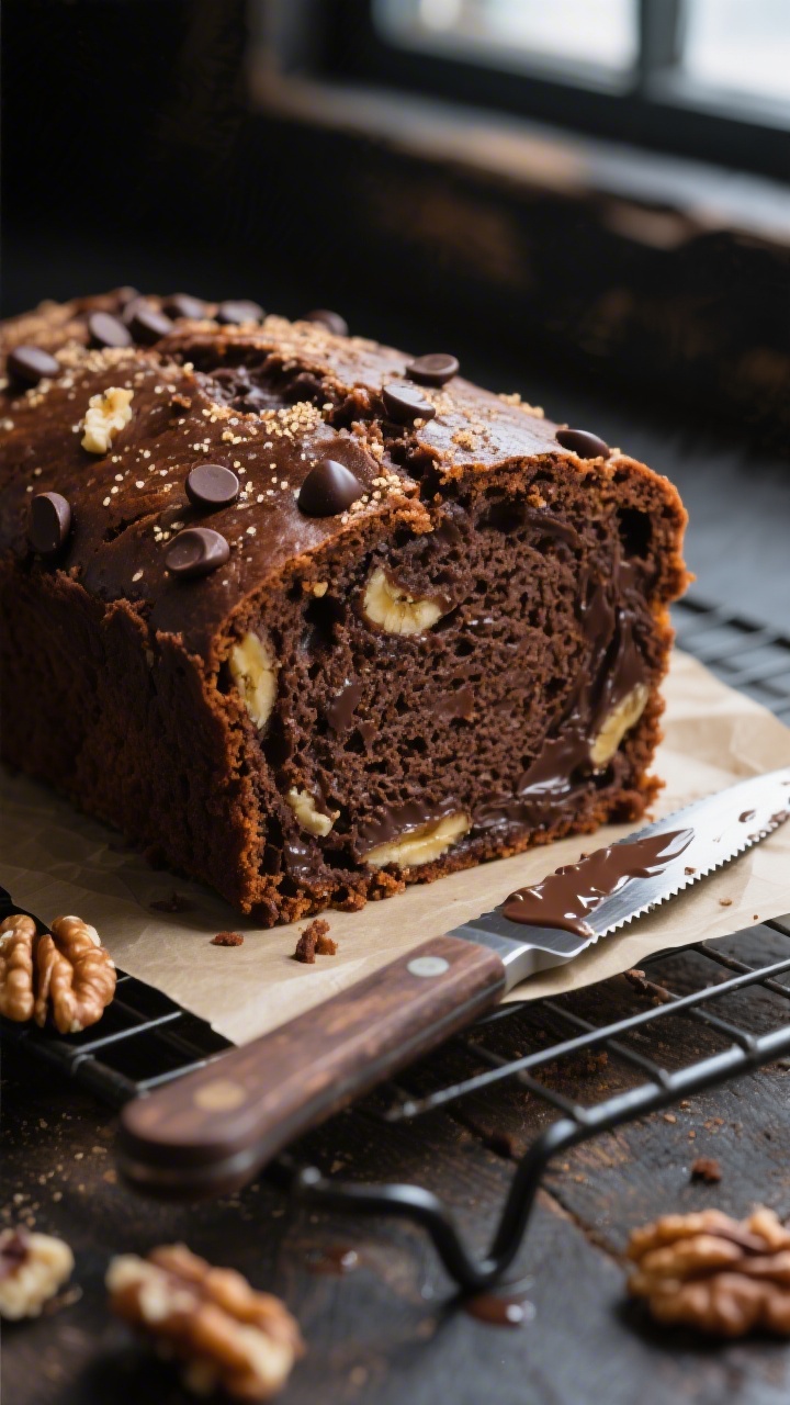 Close-up detail shot: A thick slice of super moist gluten free chocolate banana bread just cut from 