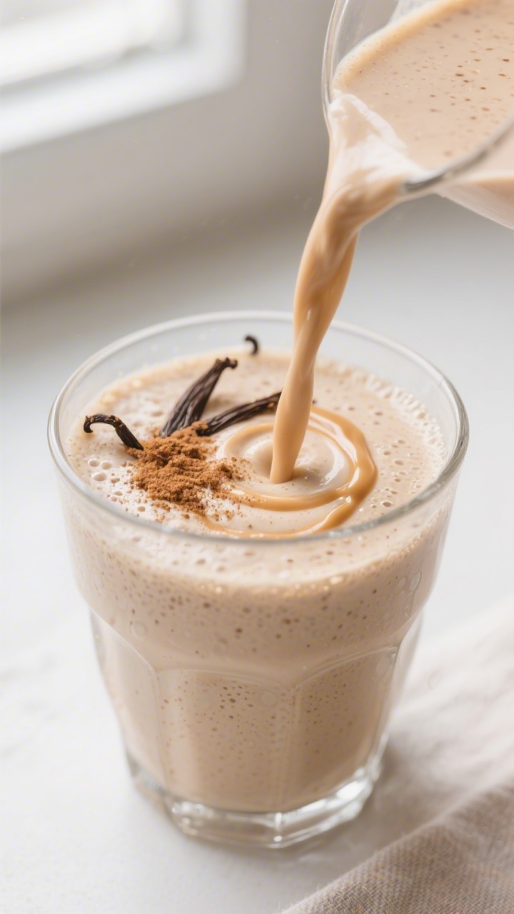 Close-up detail shot of a freshly blended cinnamon-vanilla protein smoothie being poured in a silky 