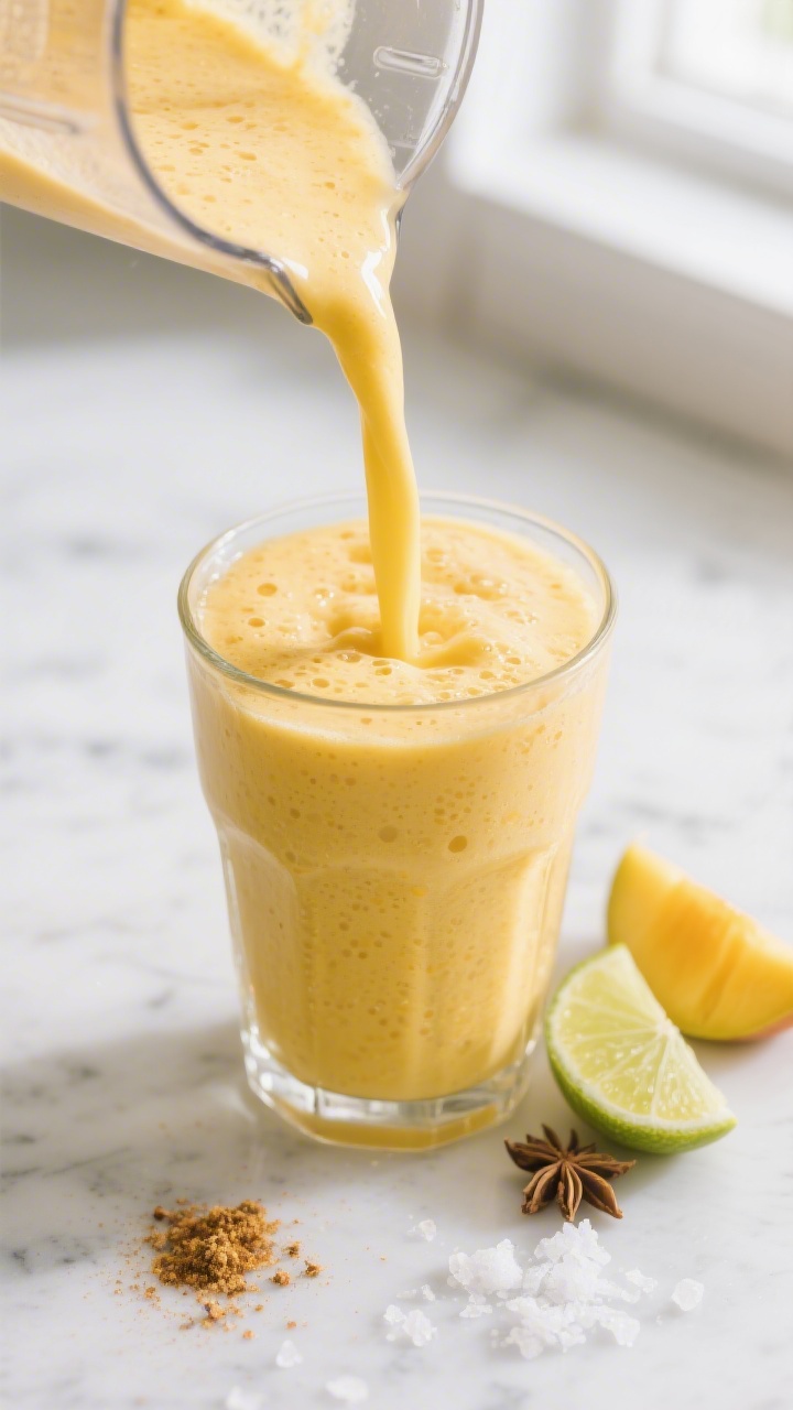Close-up detail shot of a freshly blended mango milkshake smoothie being poured in a silky stream fr