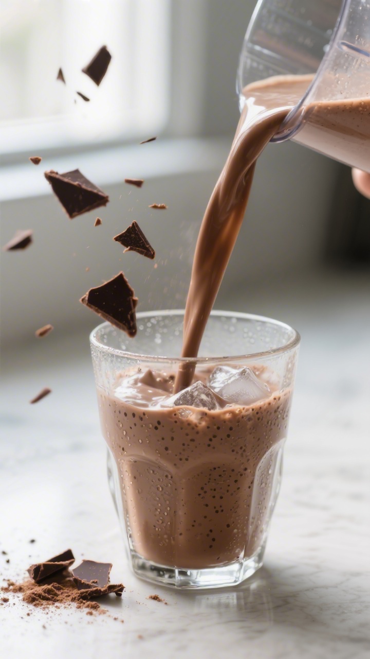 Close-up detail shot of a freshly blended mocha coffee protein smoothie being poured in a silky ribb