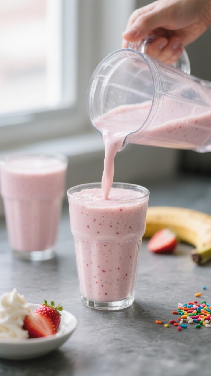 Close-up detail shot of a freshly blended strawberry banana smoothie being poured from a glass blend