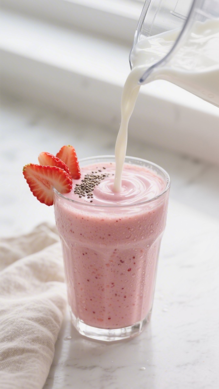 Close-up detail shot of a freshly blended strawberry-banana smoothie being poured from a blender int