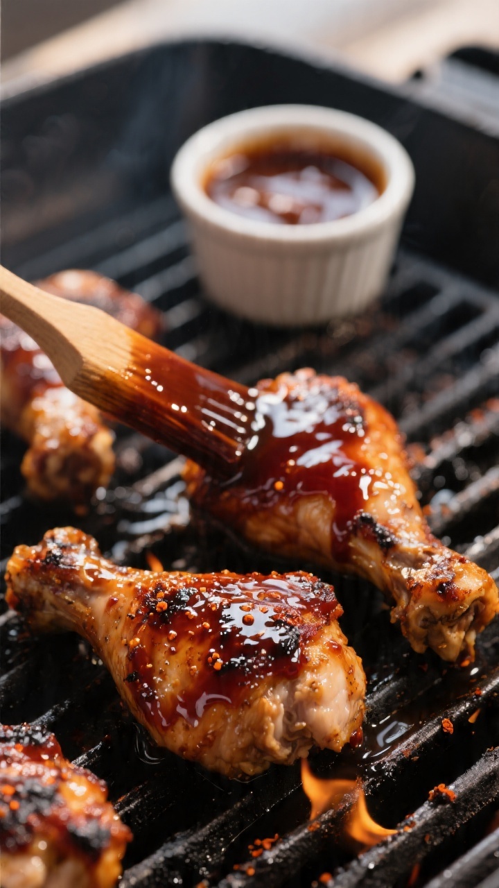 Close-up detail shot of bone-in barbecue chicken thighs on a hot grill during the saucing stage: gli