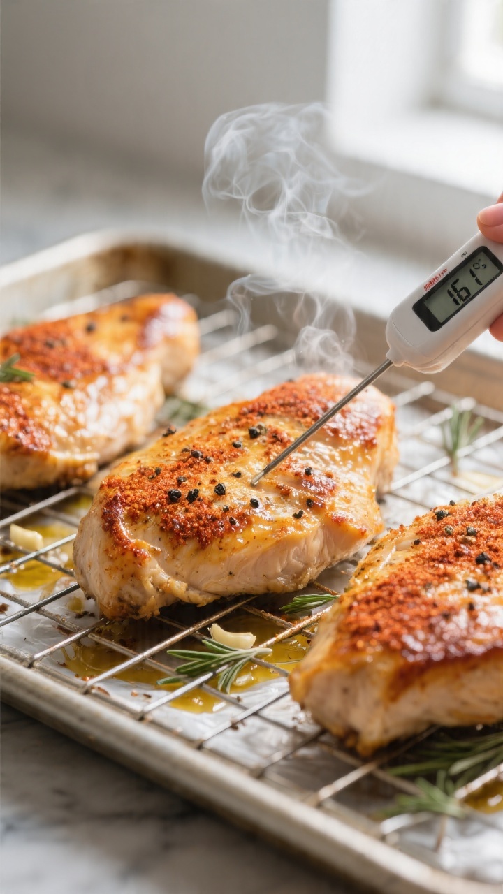 Close-up detail shot of freshly baked chicken breasts just out of the oven on a wire rack over a lin