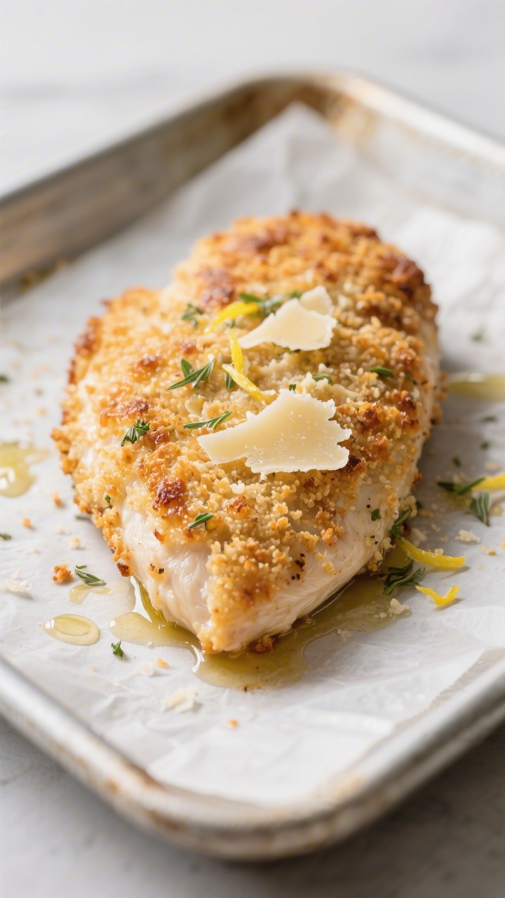 Close-up detail shot of golden-baked Parmesan-panko crust on chicken breast just out of the oven, sh