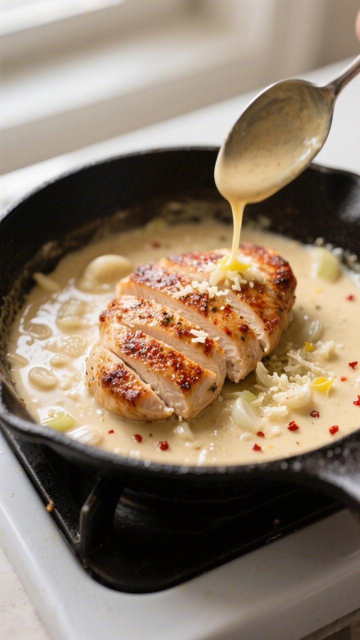 Close-up detail: Sliced seared chicken cutlet being nestled back into a silky garlic-Parmesan cream 