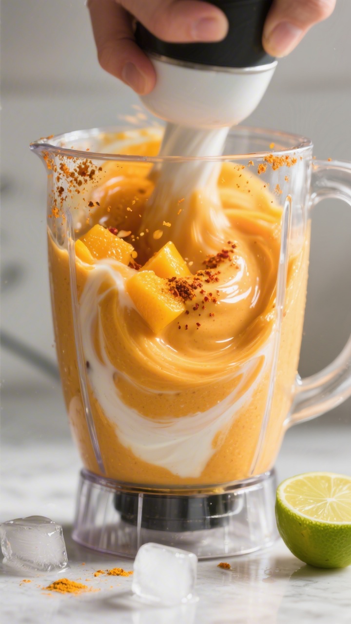 Close-up, mid-process action shot of the Spicy Sunrise Mango Coconut Smoothie blending to a glossy, 