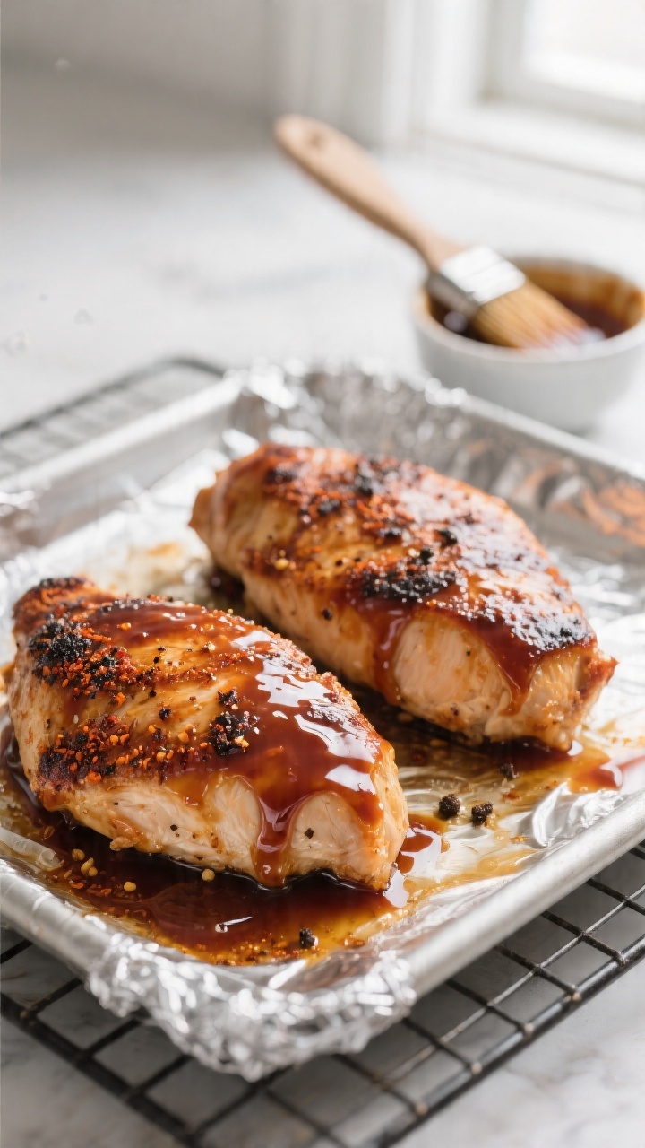 Close-up of oven-baked barbecue chicken breasts just after broiling, glossy caramelized BBQ glaze wi
