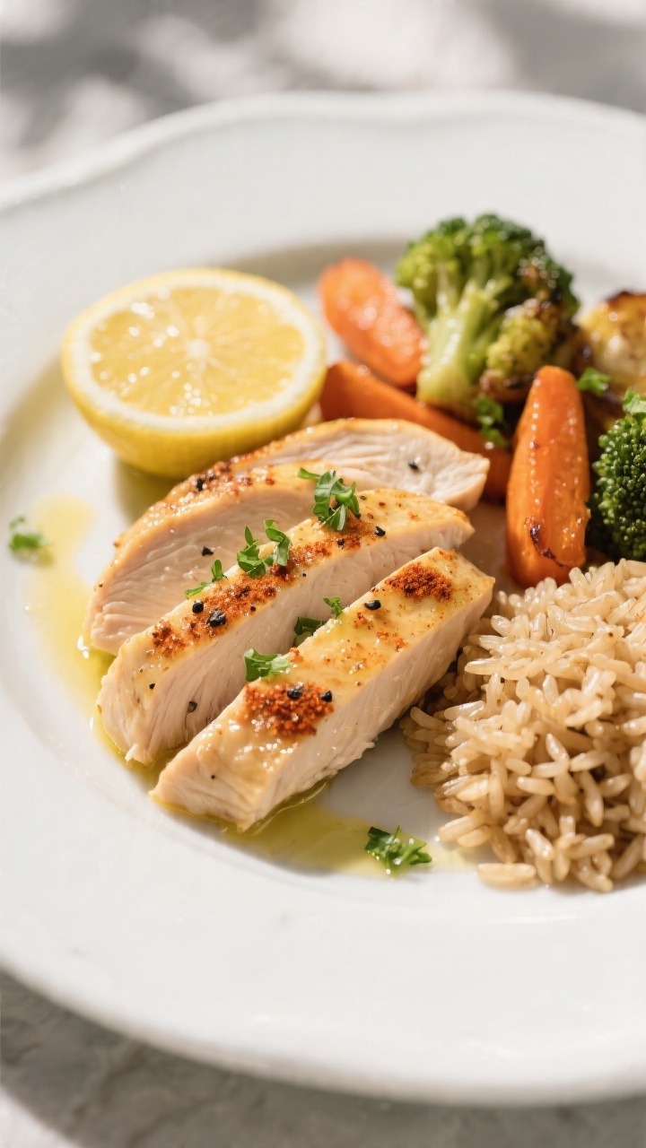 Close-up plated final dish: sliced juicy chicken breast fanned against the grain on a matte white pl