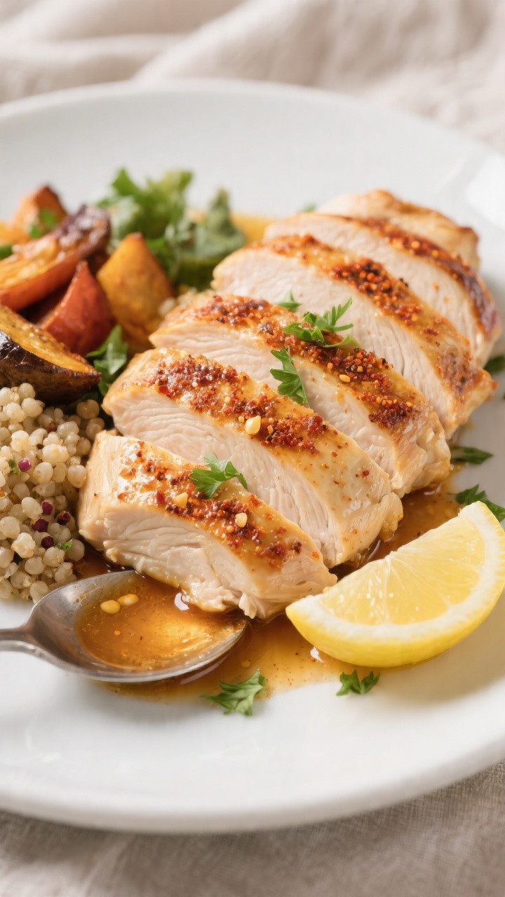 Close-up plated presentation of sliced baked chicken breast fanned against the grain on a matte whit